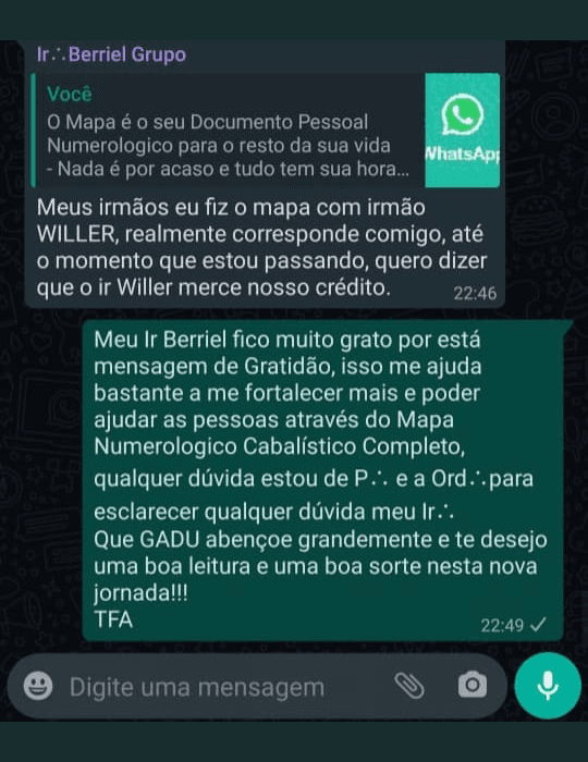 Captura real de uma conversa no WhatsApp com o relato de Berriel sobre o mapa numerológico.