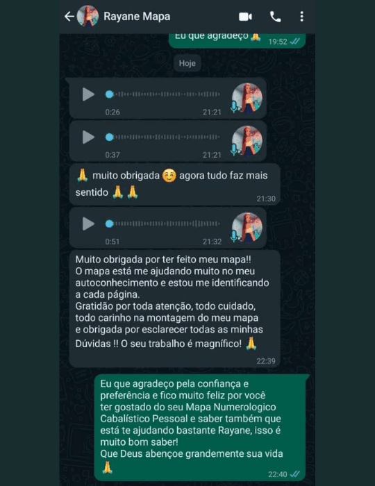 Captura real de uma conversa no WhatsApp com o relato de Rayane sobre o mapa numerológico.