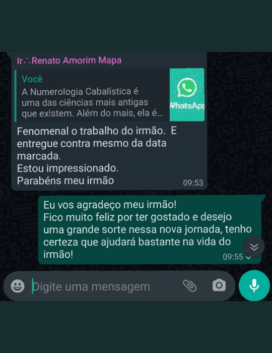 Captura real de uma conversa no WhatsApp com o relato de Renato sobre o mapa numerológico.
