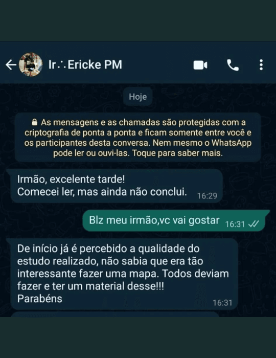 Captura real de uma conversa no WhatsApp com o relato de Ericke sobre o mapa numerológico.