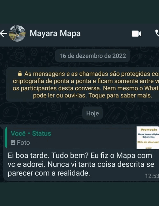 Captura real de uma conversa no WhatsApp com o relato de Mayara sobre o mapa numerológico.